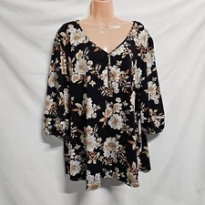 Naif 2X Black Floral V Neck Puff Sleeve Women Top Blouse