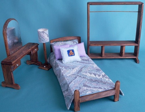 BEDROOM SET dollhouse wooden Furniture 1:6 playscale 12” dolls Barbie MH YOSD - Picture 10 of 11