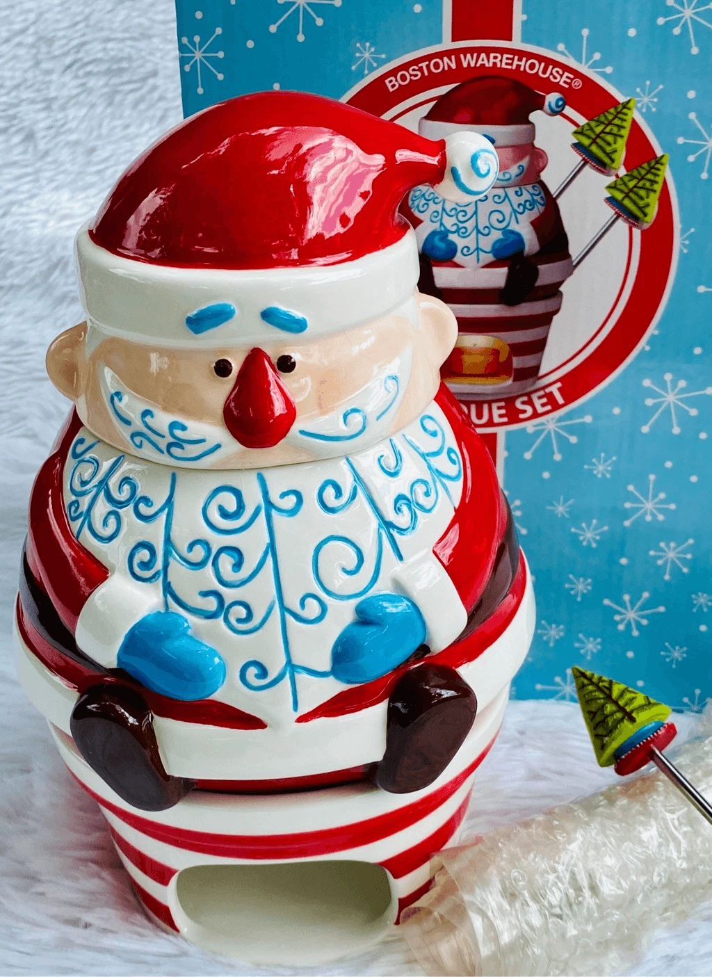 NIB NEW Boston Warehouse 7 PC HO HO HO Ceramic Santa Clause Fondue Set