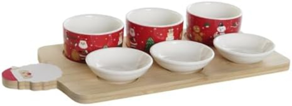 Set Antipastiera Natale 7pz Gres e Bambù 33cm - Stile Papa Noel - 1