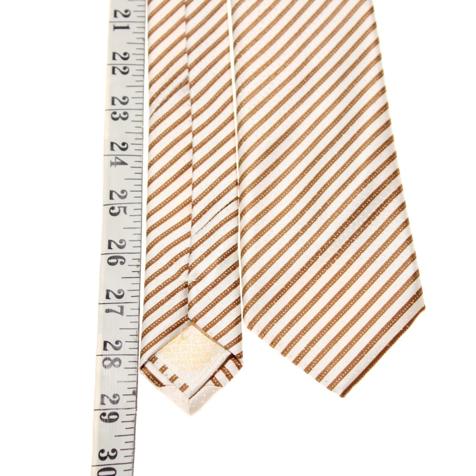 Corbata Italo Ferretti Nueva con Etiquetas en Blanco con Rayas y Lunares Marrones 100% Seda Foto 4 de 4