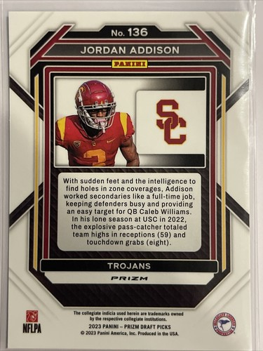 2023 Panini Prizm Draft Picks - Green Prizm #136 Jordan Addison (RC) - Picture 2 of 2