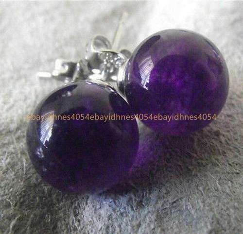 Charming 10mm Round Natural Purple Amethyst Silver Stud Earrings - Picture 7 of 12