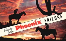 Postcard AZ Howdy from Phoenix Cowboy at Sunset Posted 1958 Vintage PC K2891