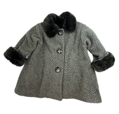 Corky & Company Girls button down olive green coat faux fur lined neck and cuffs