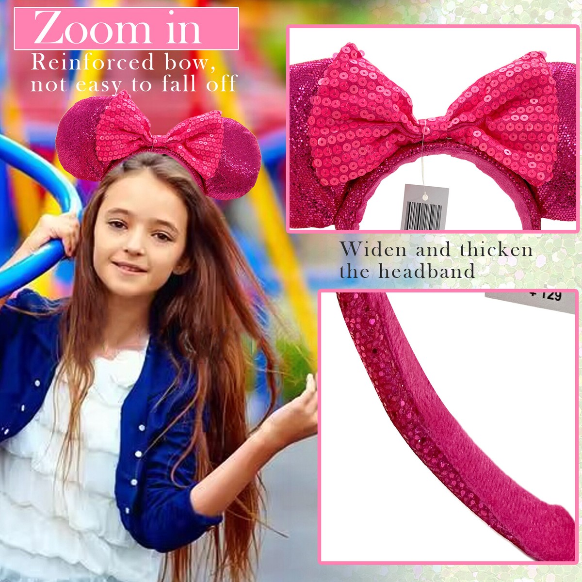 Disney Magenta Monochrome Sequin Minnie Mouse Ears Headband with Bow Adults Minnie Polka Dot Ears Pink Sequin Bow Headband main image 3