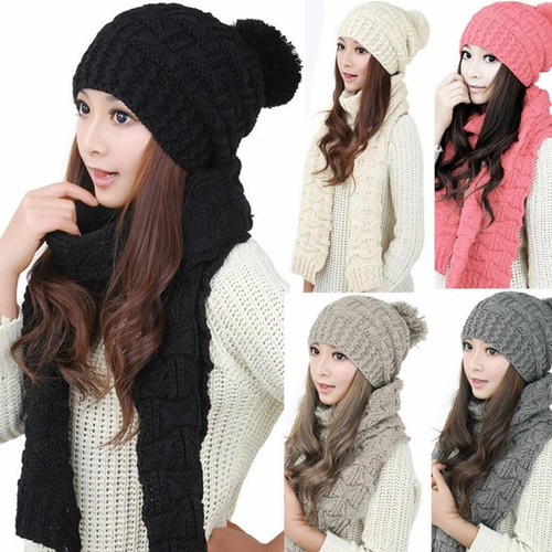 Damen Mädchen Winter Schal & Mütze Set Warm Strick Beanie Schals Strick Totenkopf Mütze - Bild 1 von 14