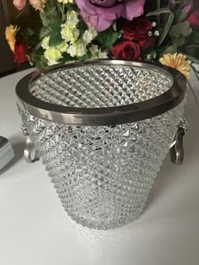 Vintage Diamond Cut Glass Bar Ice Bucket with silver plated rim and handles