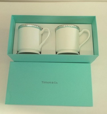 Tiffany & Co. Platinum Blue Band White Coffee Porcelain Mug Cup Set of 2 Box