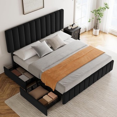 Upholstered Bed Frame Platform with 4 Storage Drawers & Upholstered Headboard
