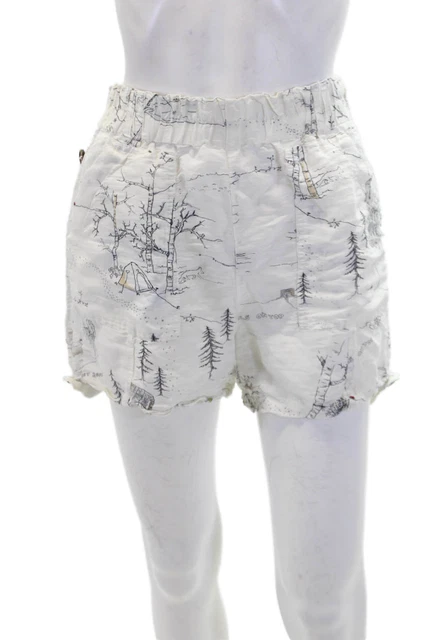 Ganni Womens Cotton Elastic Waistband Button Print Shorts White Size EUR 36
