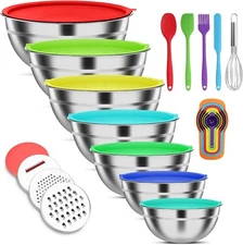 7 Pcs Mixing Bowls Set, Stainless Steel With Lids, 3 Grater Attachments