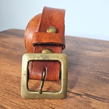 Mens Cognac Brown Full Grain Leather Belt with Solid Brass Square Buckle