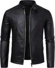 Men's Black Leather Motorcycle Biker Jacket Racer Stand Collar Zip Up Coat