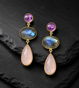 Authentic 18K Gold-Plated Sterling Silver Amethyst, Labradorite & Rose Quartz Drop Earrin