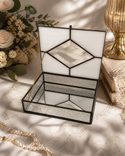 Vintage Stained Glass Jewelry Box Mirror Lid Beveled Glass Trinket Box White Iri