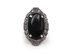 Vintage Art Deco Sterling Silver Marcasite Ring Black Glass 1920s Gothic 6.11g S