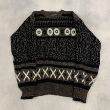Vintage Abstract Knitted Jumper Patterned Grandad Knit Sweater Men's M