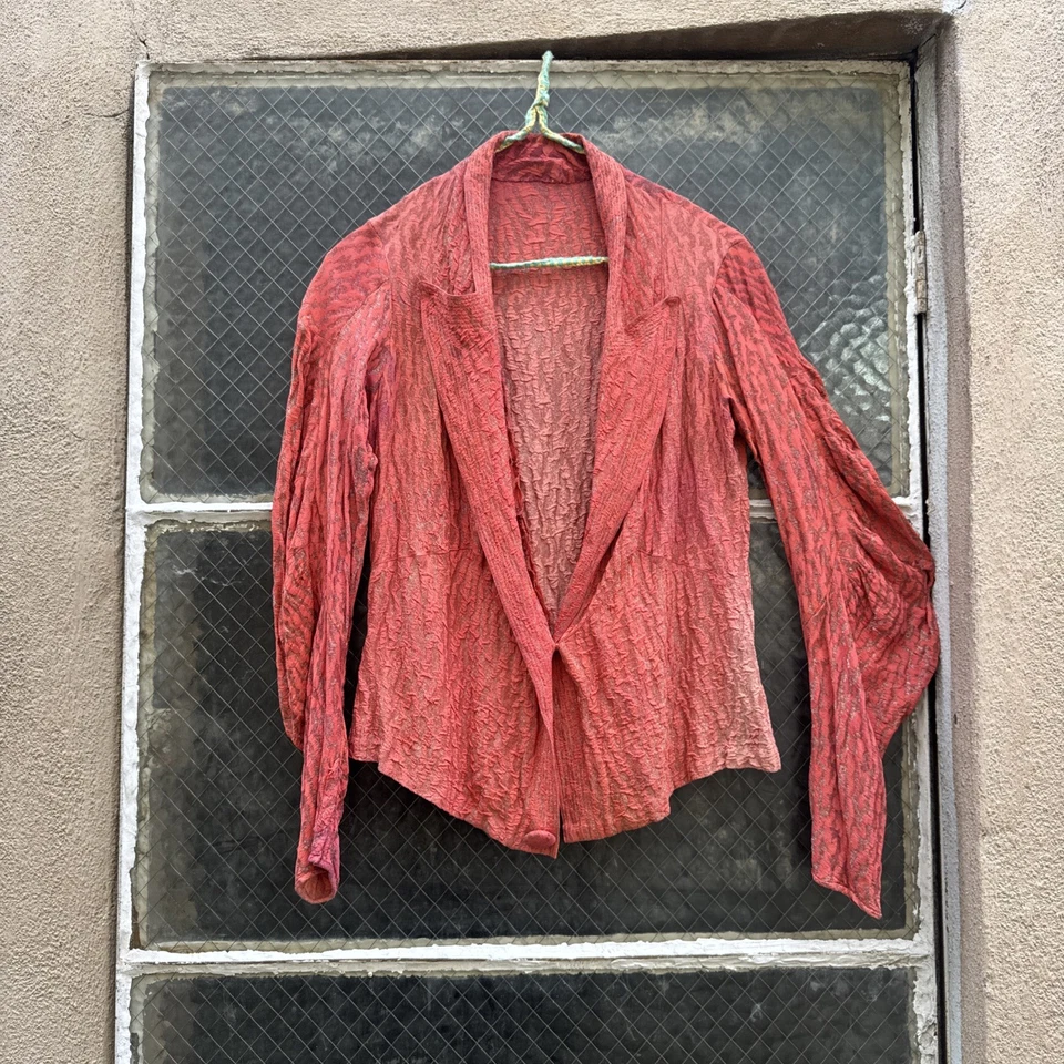 Vintage Salmon Pink Silk & Metallic Lamé Balloon Sleeve Jacket Dress Blouse Top - Image 2 of 4
