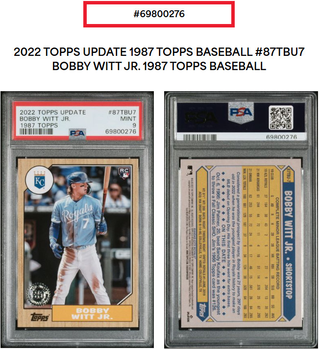 Bobby Witt Jr 2022 Topps Update 1987 Topps Rookie Card RC #87TBU7 Mint PSA 9 KC view 4