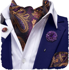 Silk Ascot for Men Self Tie Men's Cravat and Flower Lapel Pin Handkerchief Cuffl