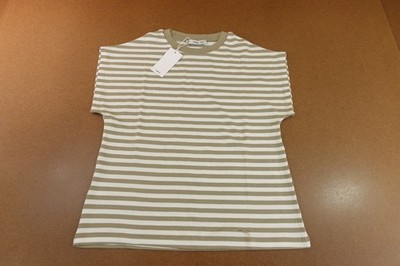 Mango Womens Size Medium Tan White Striped Short Sleeve Crew Neck T-Shirt NWT