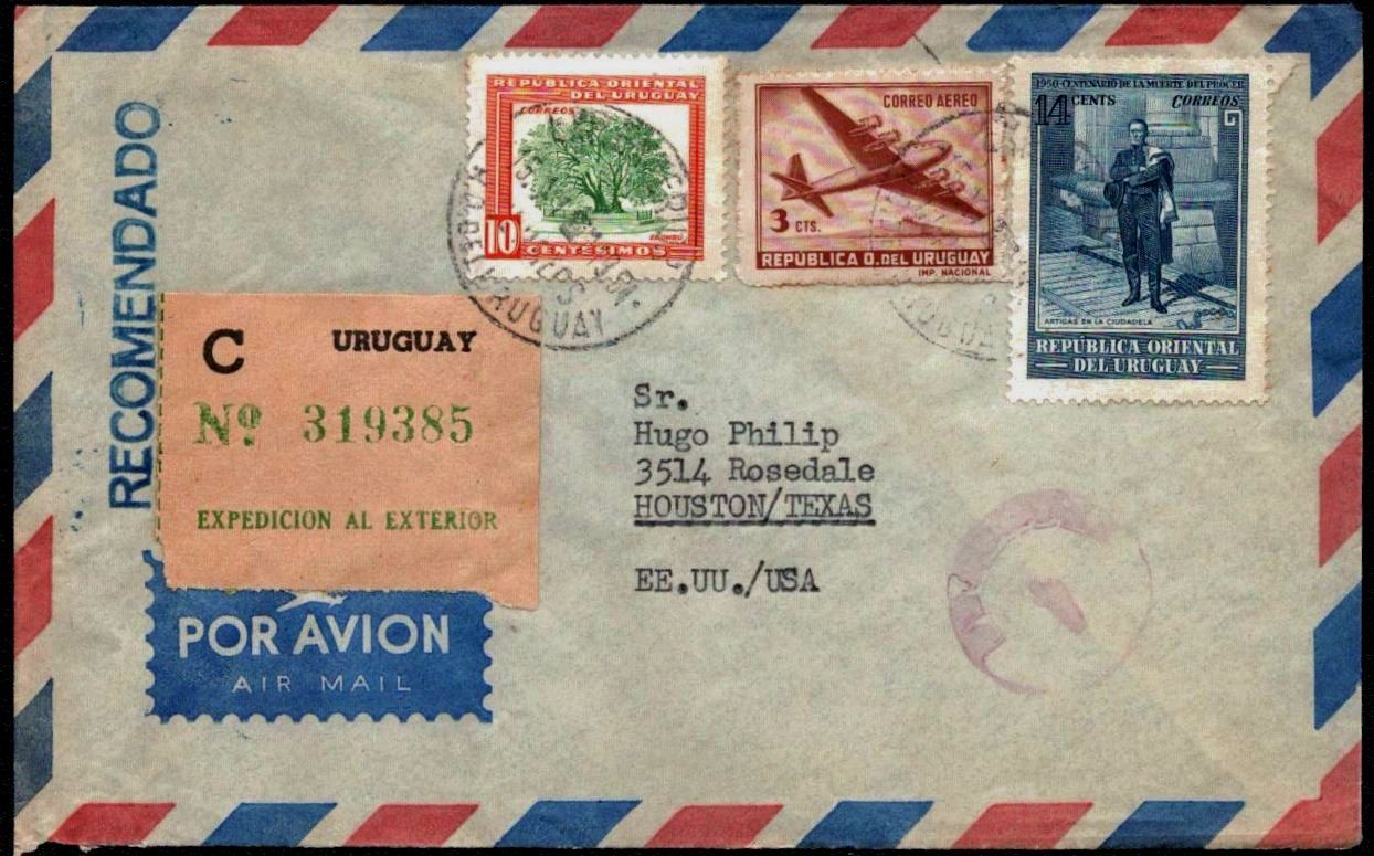 1954 Uruguay Registered Airmail Cover to Texas