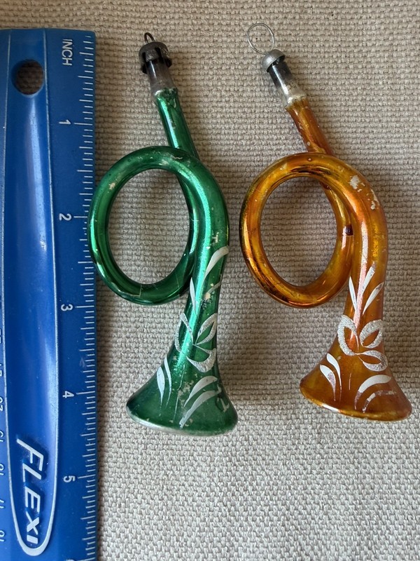 Vintage German Blown Glass Horn Christmas Ornaments Green Gold Set of 2