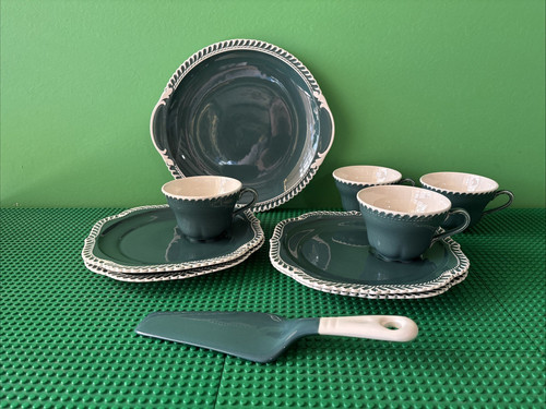 HARKER CORINTHIAN TEAL DISH LOT MADE IN USA PLATES CUPS PLATTER CAKE SERVER