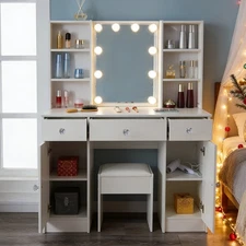 Vanity Makeup Table Set Dressing Table w/ Lighted Mirror Dresser Desk & Stool