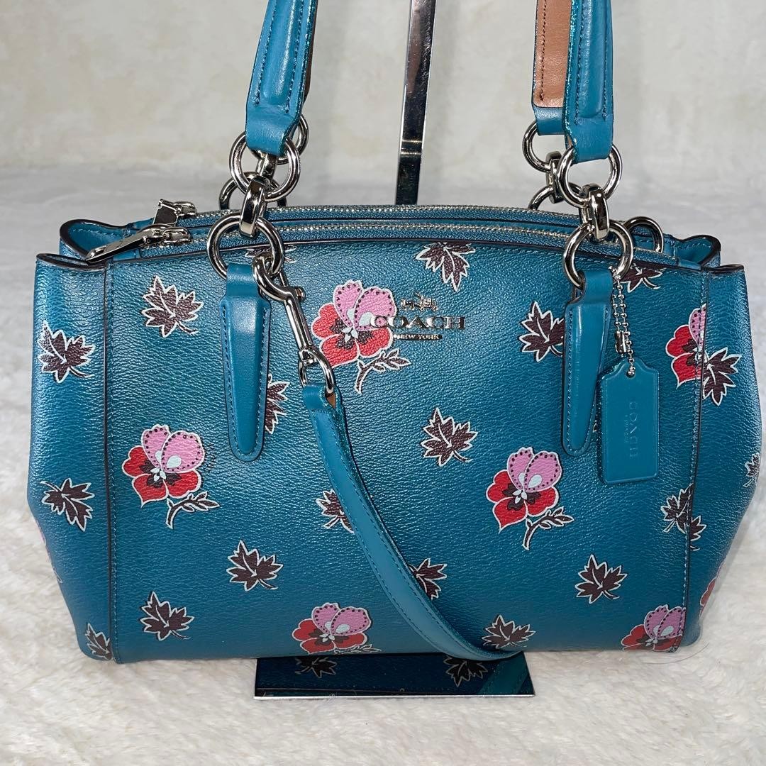 COACH 2way Shoulder Bag Floral Pattern Rose Handbag Leather Blue   Authentic thumbnail 3