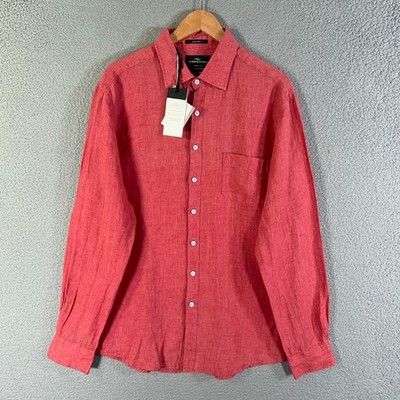 Rodd & Gunn Shirt Men XL Albini Italian Fabric 100% Linen Solid Red Sports Fit