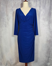 RALPH LAUREN Royal Blue 8 Side Ruched Jersey Dress w/ Surpice Neck 3/4 Sleeve