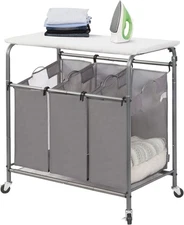 3-Section Laundry Sorter with Foldable Ironing Board Rolling Laundry Hamper Cart