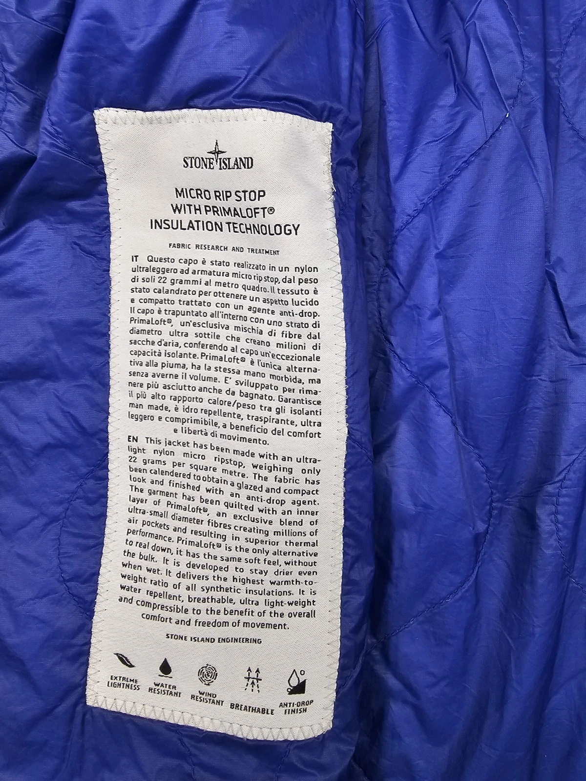 stone island men L micro rip stop primaloft hooded jacket blue full zip packable - product detail image 5