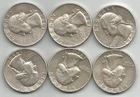 LOT OF 6 NICE SILVER WASHINGTON QUARTERS (1964) - $1.50 FACE VALUE - TAKE A L@@K