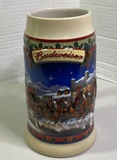 2003  Anheuser Busch  AB  Budweiser Holiday Christmas Beer Stein Clydesdales NIB