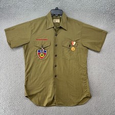 Vintage Boy Scouts Mens Medium Green Button Up Patch Uniform Short Sleeve