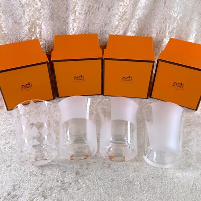 Hermes Paris Tumbler Crystal Glass Set of 4 Glassware Tableware with Case