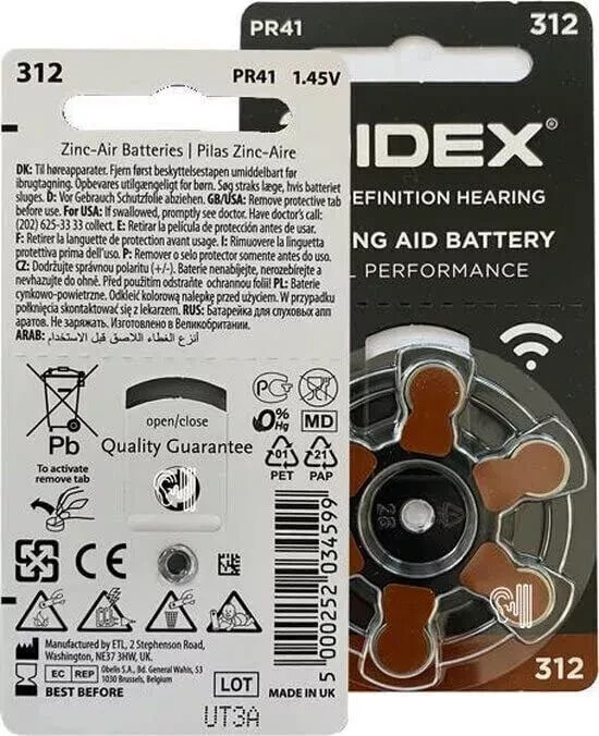 Widex hearing aid battery Size 312 (PR41) (10 X 6 = 60 Batteries) FREE