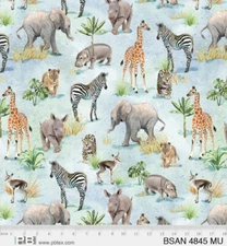 Baby Safari Animals Cotton Quilt Fabric P&B 4845-MU  Elephant Rino Lion Hippo
