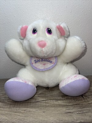 1980 s Zoo Babies Plush 9  Polar Bear Bib White Pink Purple Tonka Vintage Toy