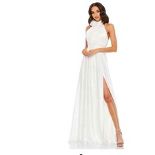 Mac Duggal Size 0 $398 NWT Rosette Halter White Chiffon Pleated Gown