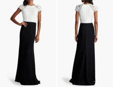 TADASHI SHOJI Black White Floral Lace Bodice Crepe A-Line Skirt Gown Dress 10 M