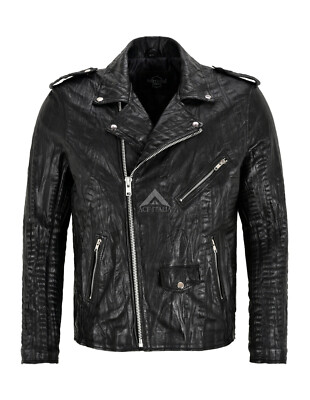 Herren Kroko Print Brando Jacke Schwarz Lamm Leder Klassisch Biker SR-MBF