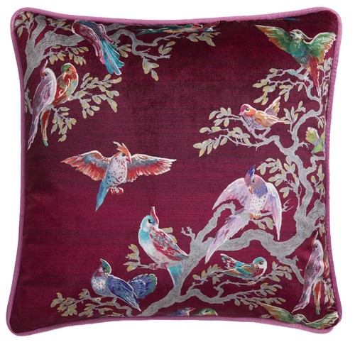 Laurence Llewelyn Bowen LLB Birds Velvet Piped Edge Cushion Cover Pink & Maroon - Picture 6 of 9