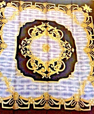 *SEIDE SCHAL* GLÄNZEND* GRAU - SCHWARZ und GOLD * AKANTHUSBLÄTTER & POMPONS * NEU