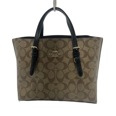 Auth COACH Molly Tote 25 Signature 1499 Khaki Black PVC Leather 