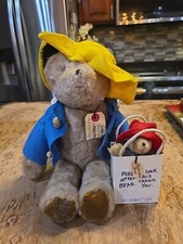 Paddington Bear 14" Plush Eden Toys 1975 England With Baby Bear In Bag Cute H2