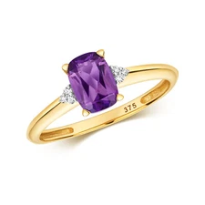 9ct Yellow Gold Cushion Cut Amethyst and Diamond Ring,  Sizes J to Q (484A)